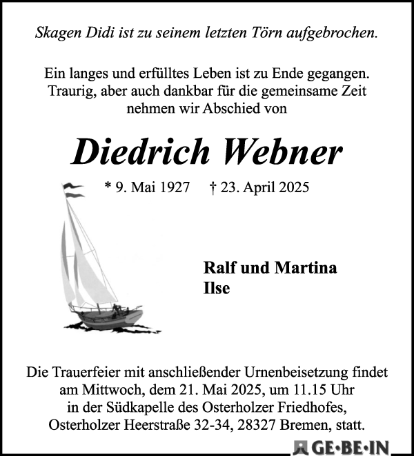 Traueranzeige von Diedrich Webner von WESER-KURIER