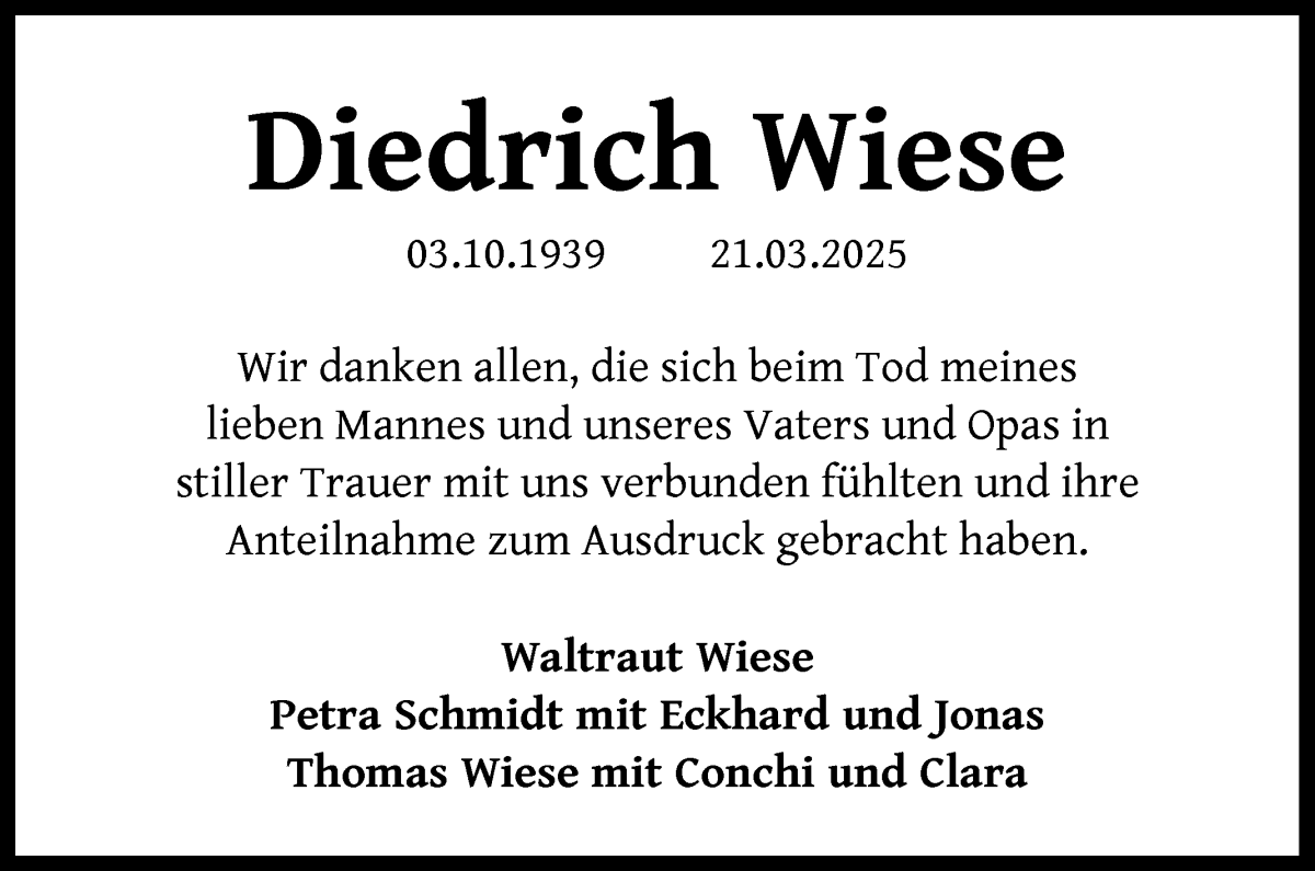 Traueranzeige von Diedrich Wiese von WESER-KURIER