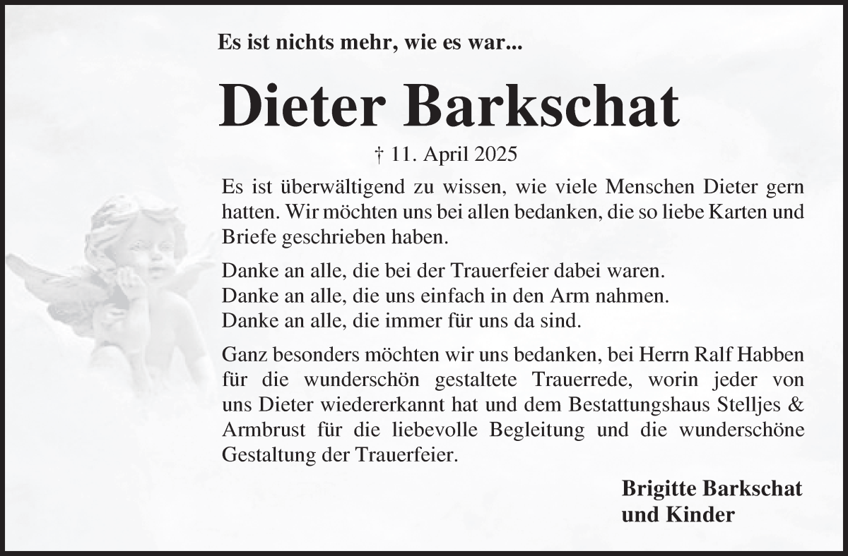 Traueranzeige von Dieter Barkschat von Osterholzer Kreisblatt