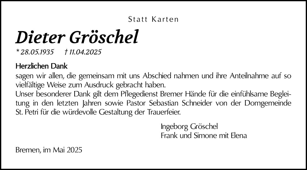 Traueranzeige von Dieter Gröschel von WESER-KURIER