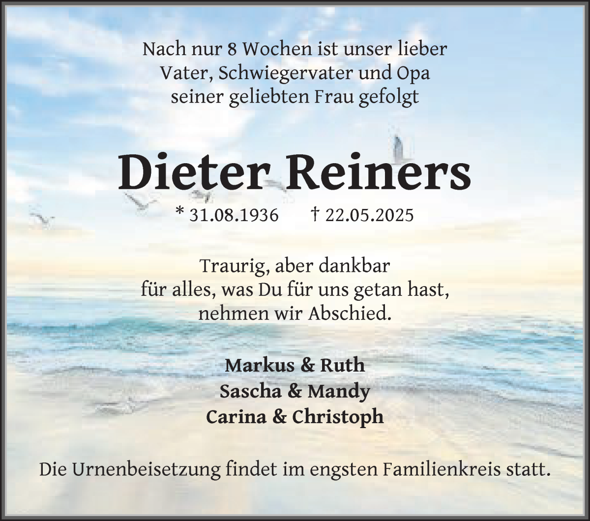 Traueranzeige von Dieter Reiners von WESER-KURIER