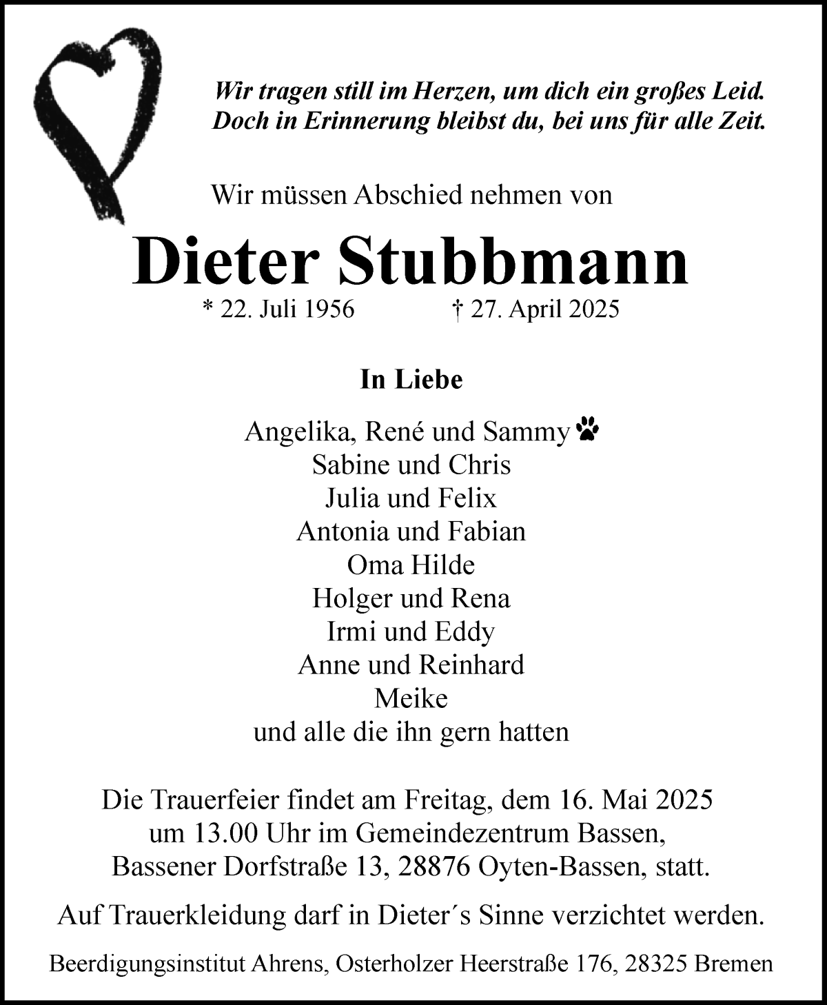 Traueranzeige von Dieter Stubbmann von WESER-KURIER