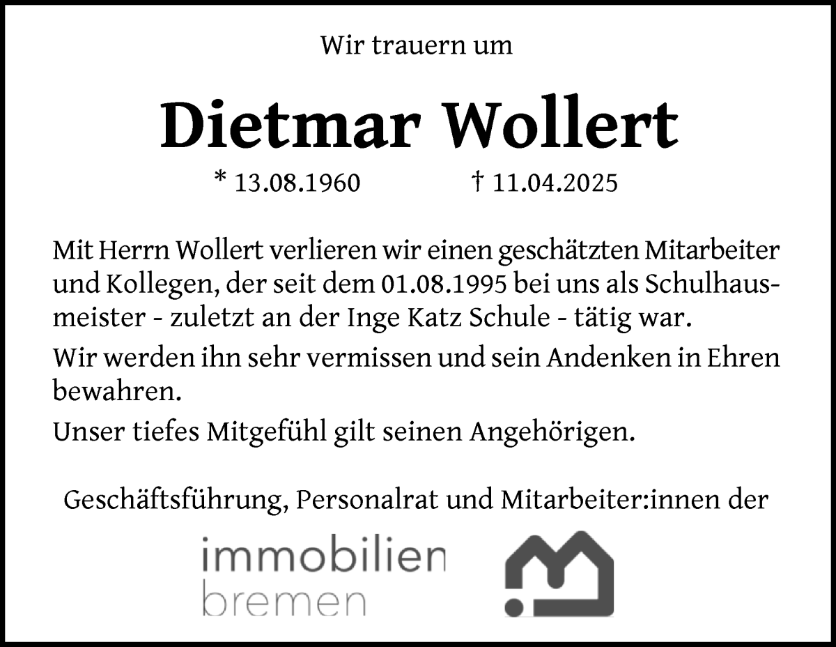 Traueranzeige von Dietmar Wollert von WESER-KURIER