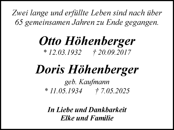 Traueranzeige von Doris Höhenberger von WESER-KURIER