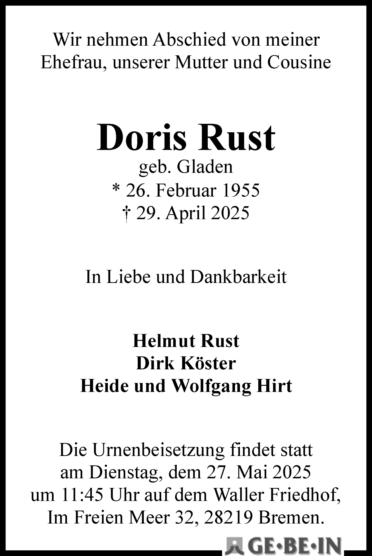 Traueranzeige von Doris Rust von WESER-KURIER