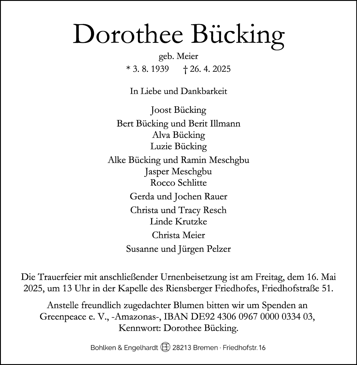 Traueranzeige von Dorothee Bücking von WESER-KURIER
