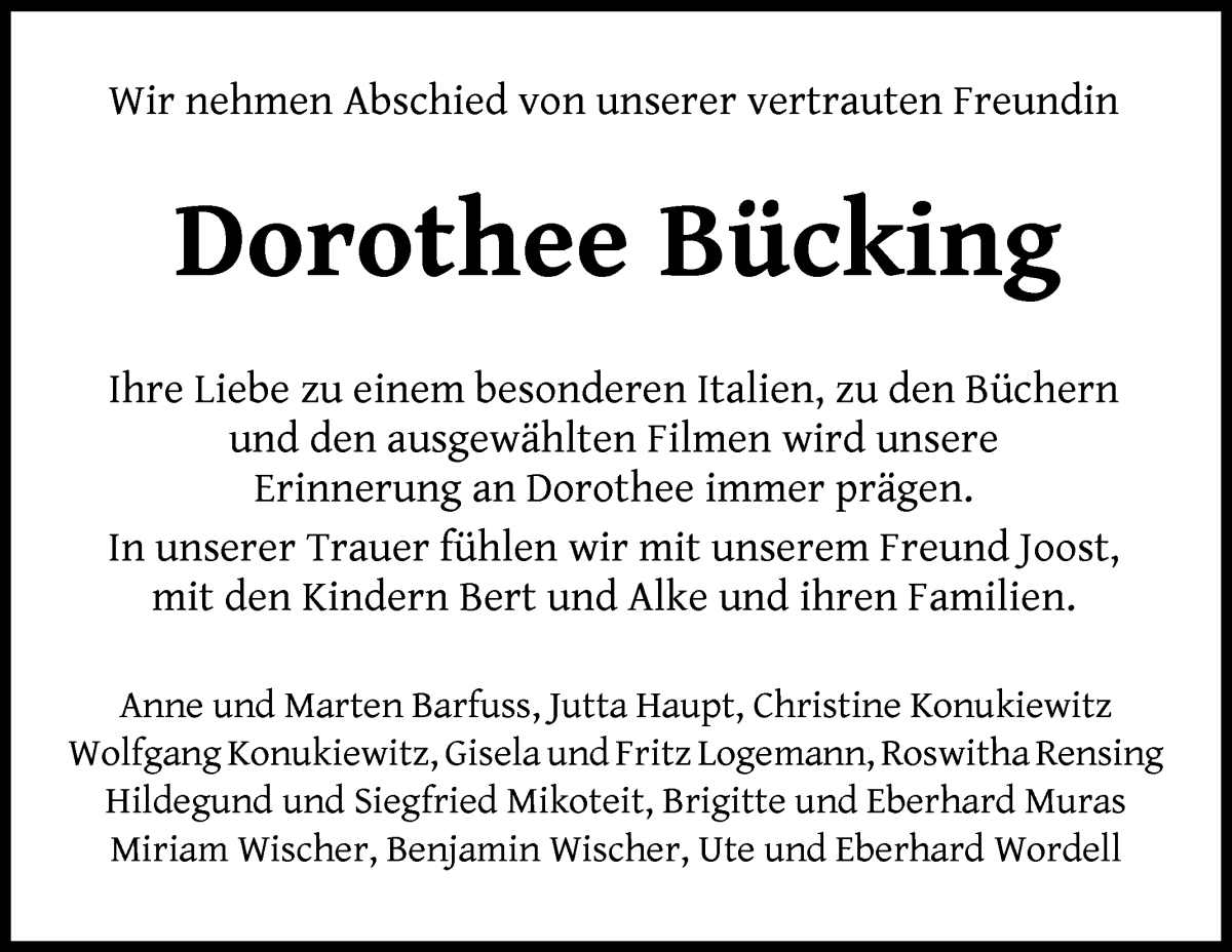 Traueranzeige von Dorothee Bücking von WESER-KURIER