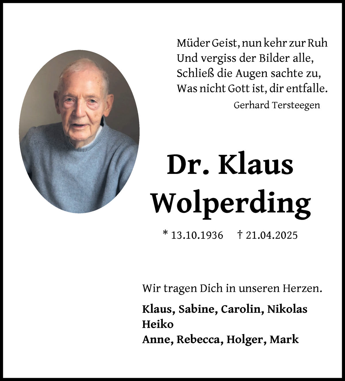 Traueranzeige von Dr. Klaus Wolperding von Die Norddeutsche