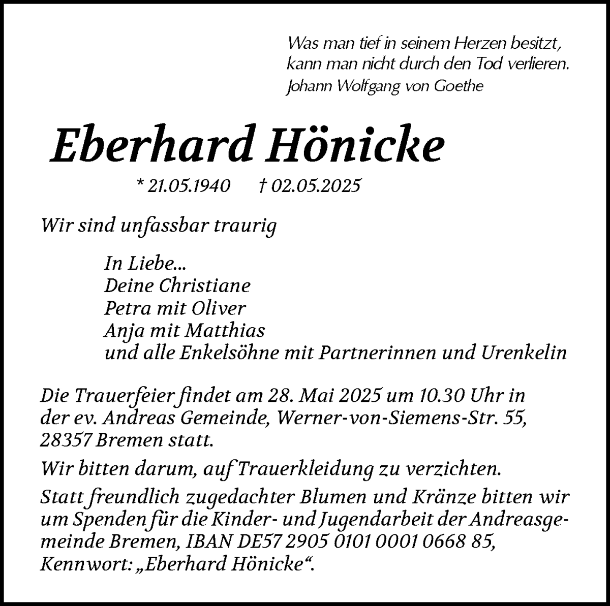 Traueranzeige von Eberhard Hönicke von WESER-KURIER
