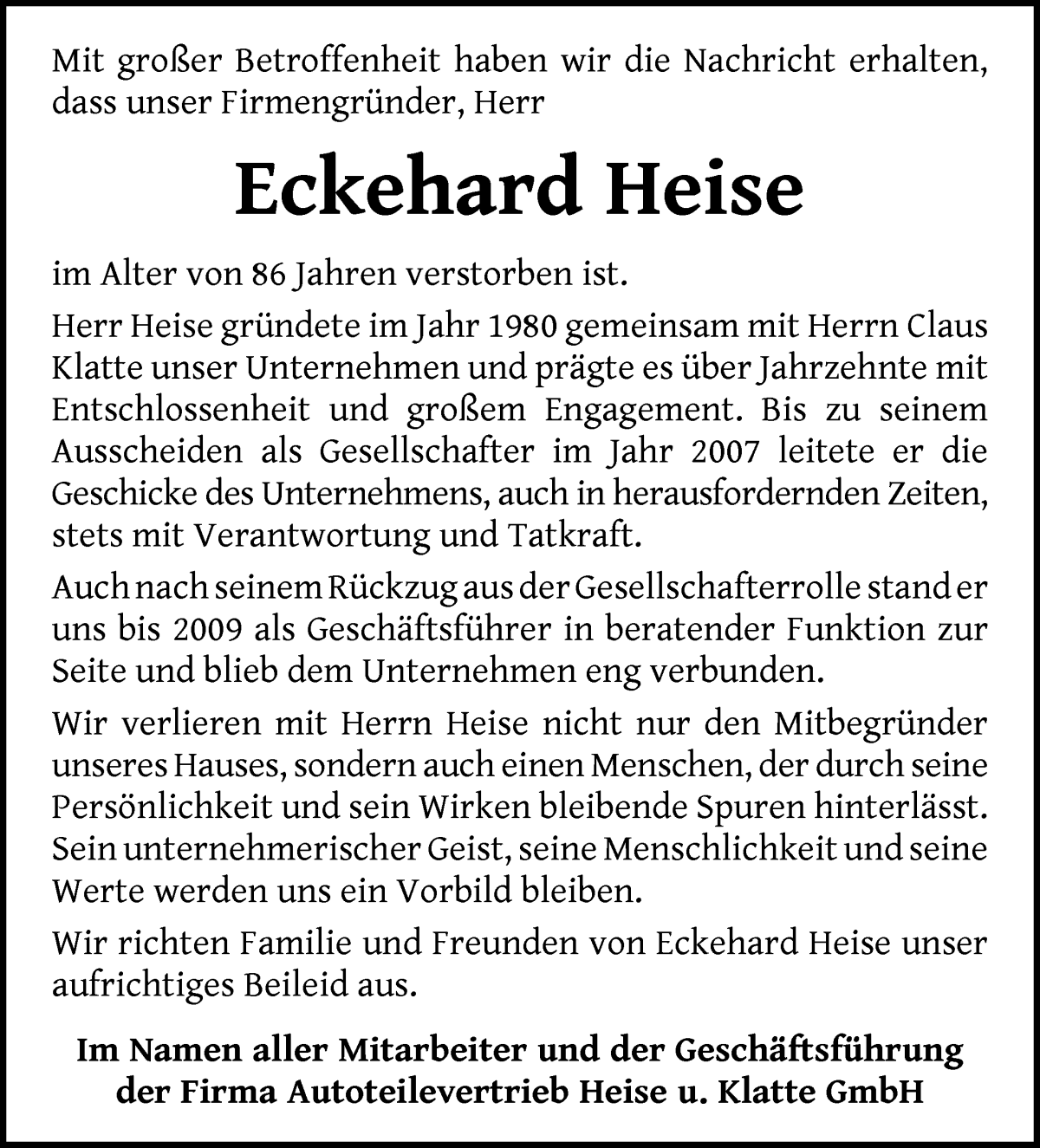 Traueranzeige von Eckehard Heise von WESER-KURIER