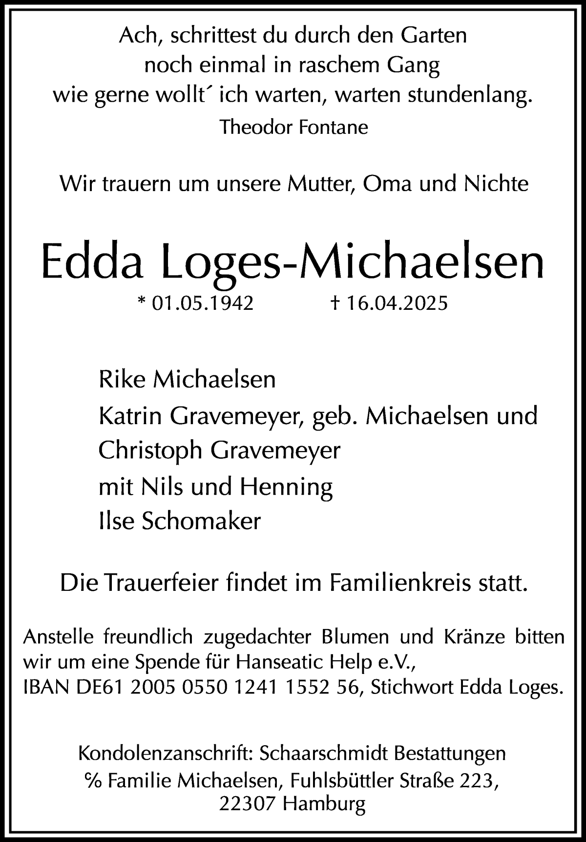 Traueranzeige von Edda Loges-Michaelsen von WESER-KURIER