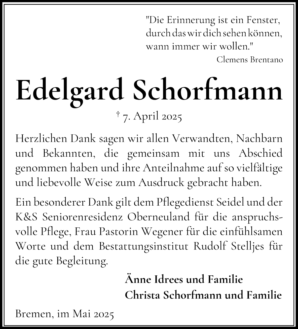 Traueranzeige von Edelgard Schorfmann von Wuemme Zeitung