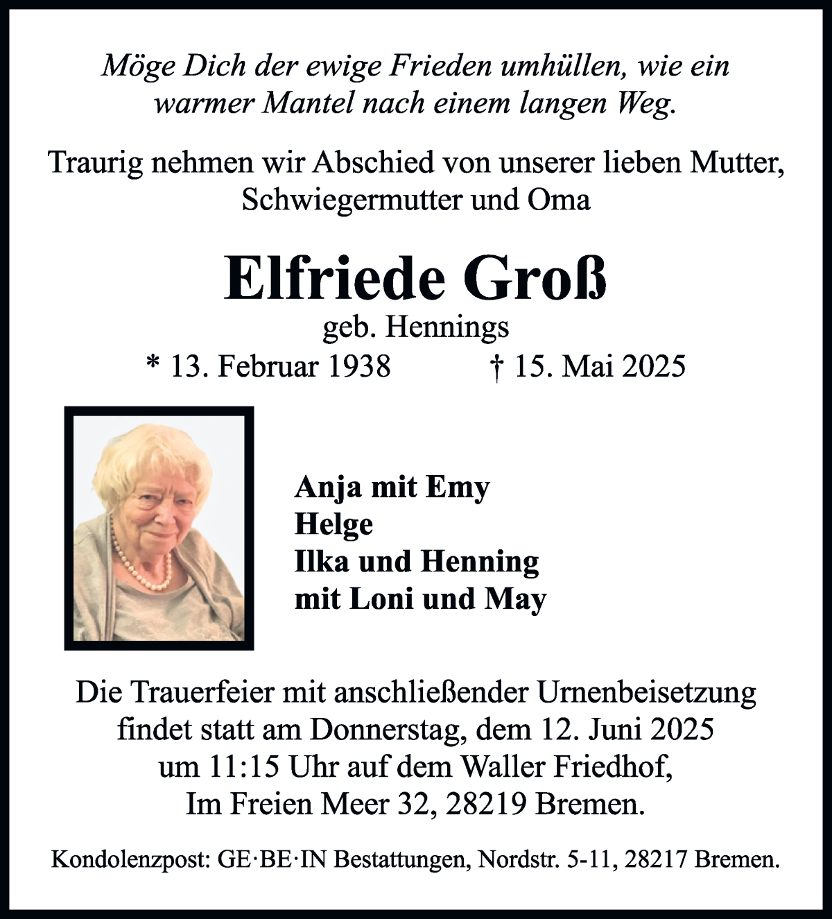 Traueranzeige von Elfriede Groß von WESER-KURIER