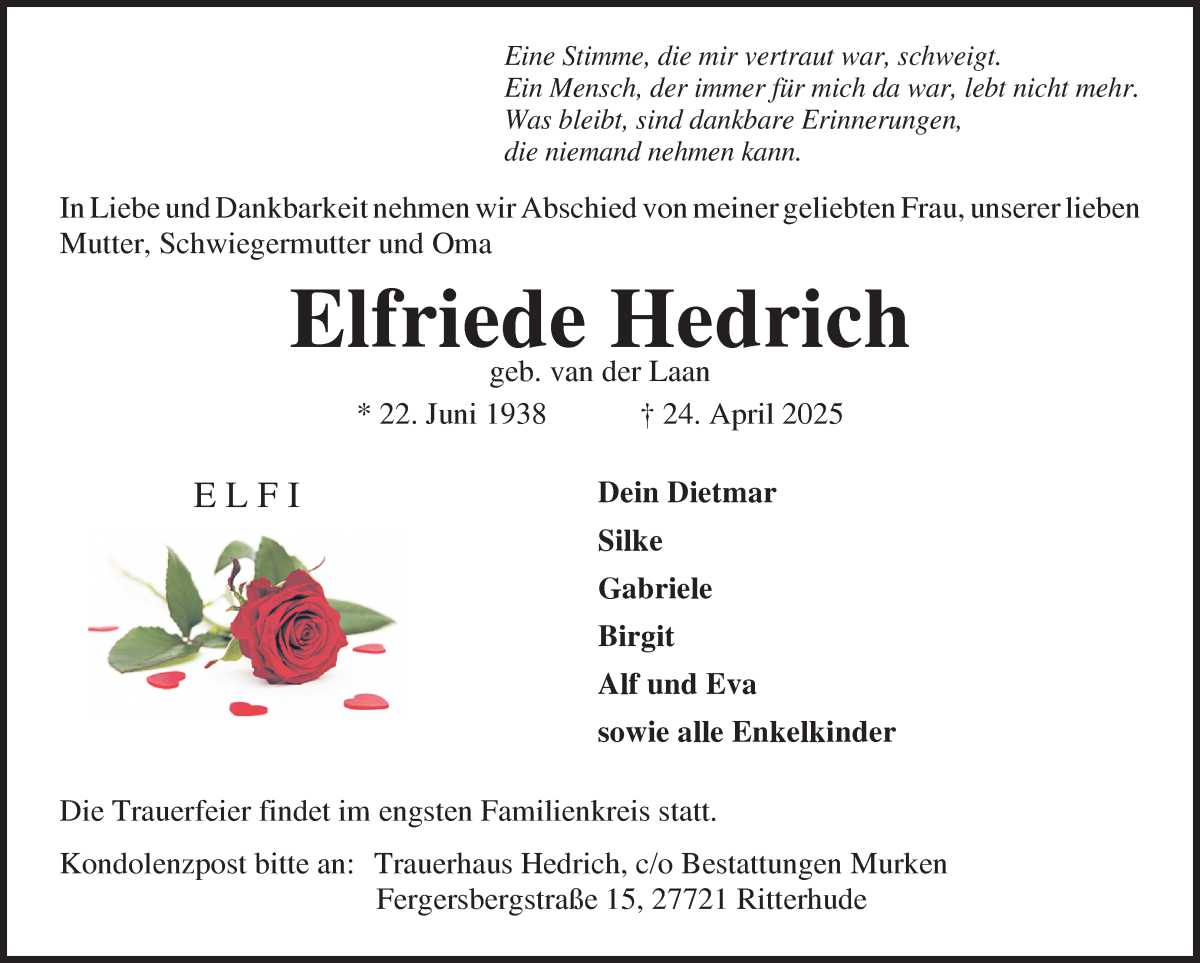 Traueranzeige von Elfriede Hedrich von Osterholzer Kreisblatt