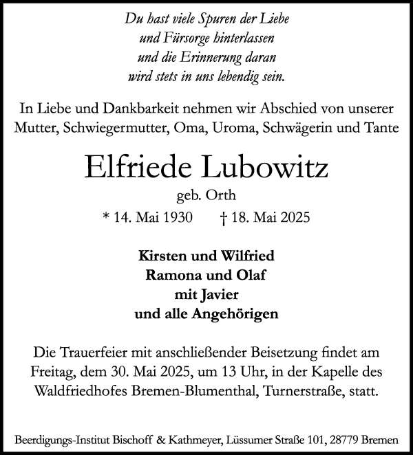 Traueranzeige von Elfriede Lubowitz von Die Norddeutsche