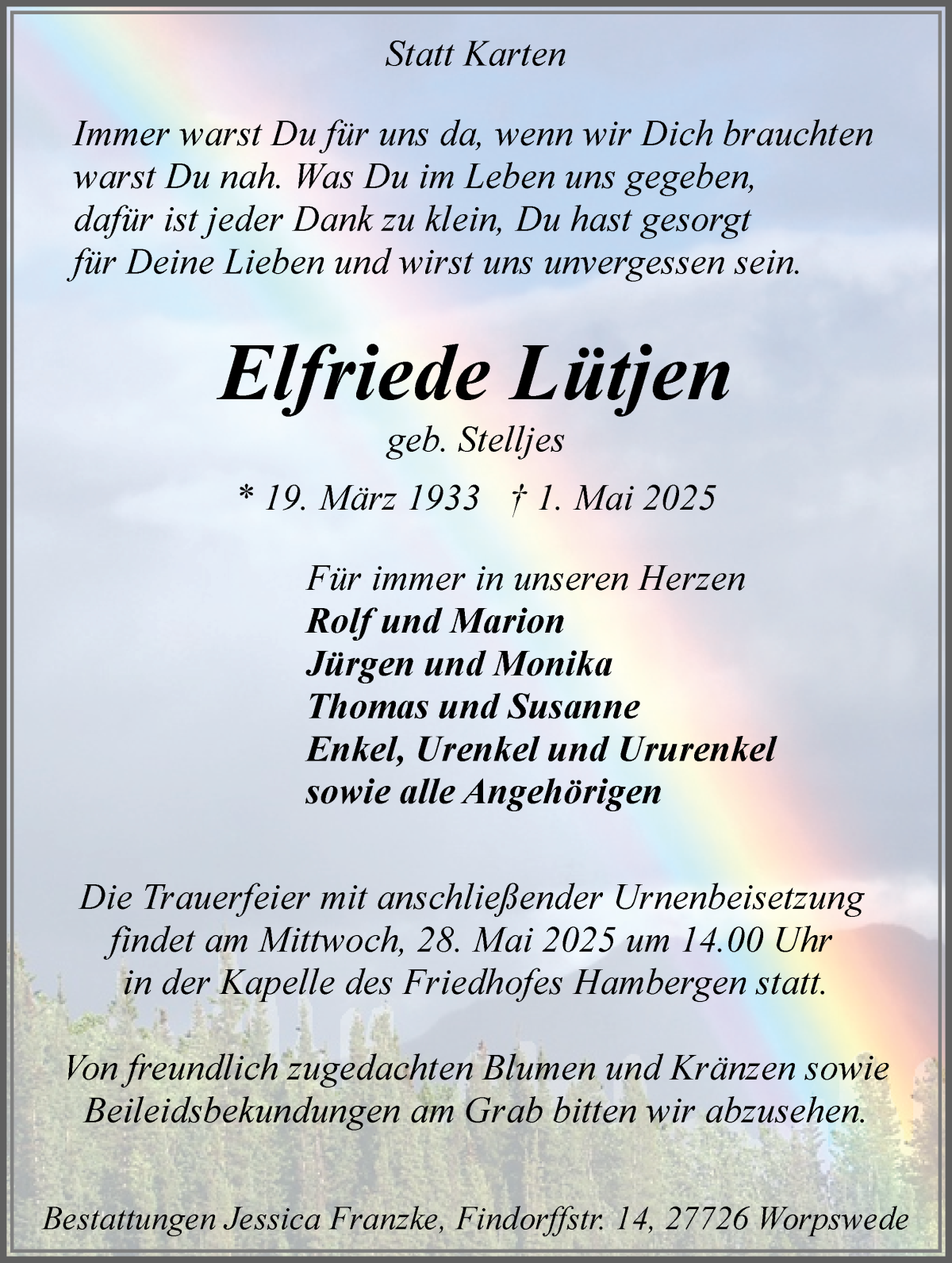 Traueranzeige von Elfriede Lütjen von Osterholzer Kreisblatt