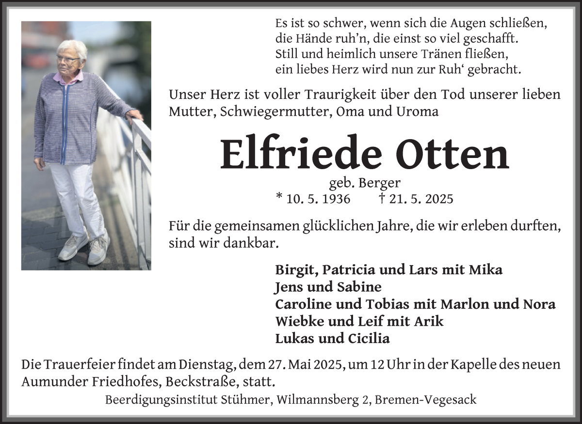 Traueranzeige von Elfriede Otten von Die Norddeutsche
