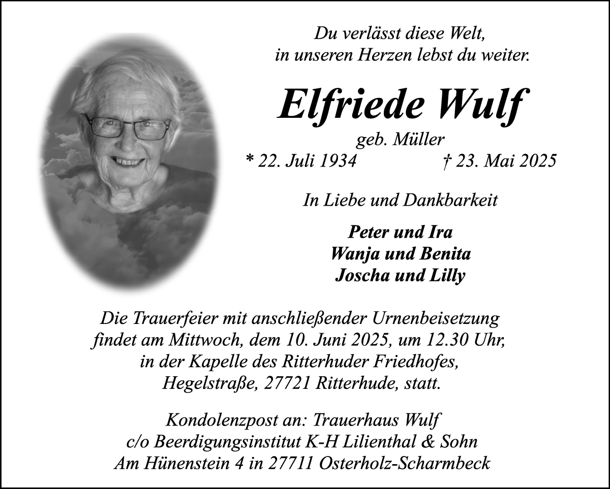 Traueranzeige von Elfriede Wulf von Osterholzer Kreisblatt