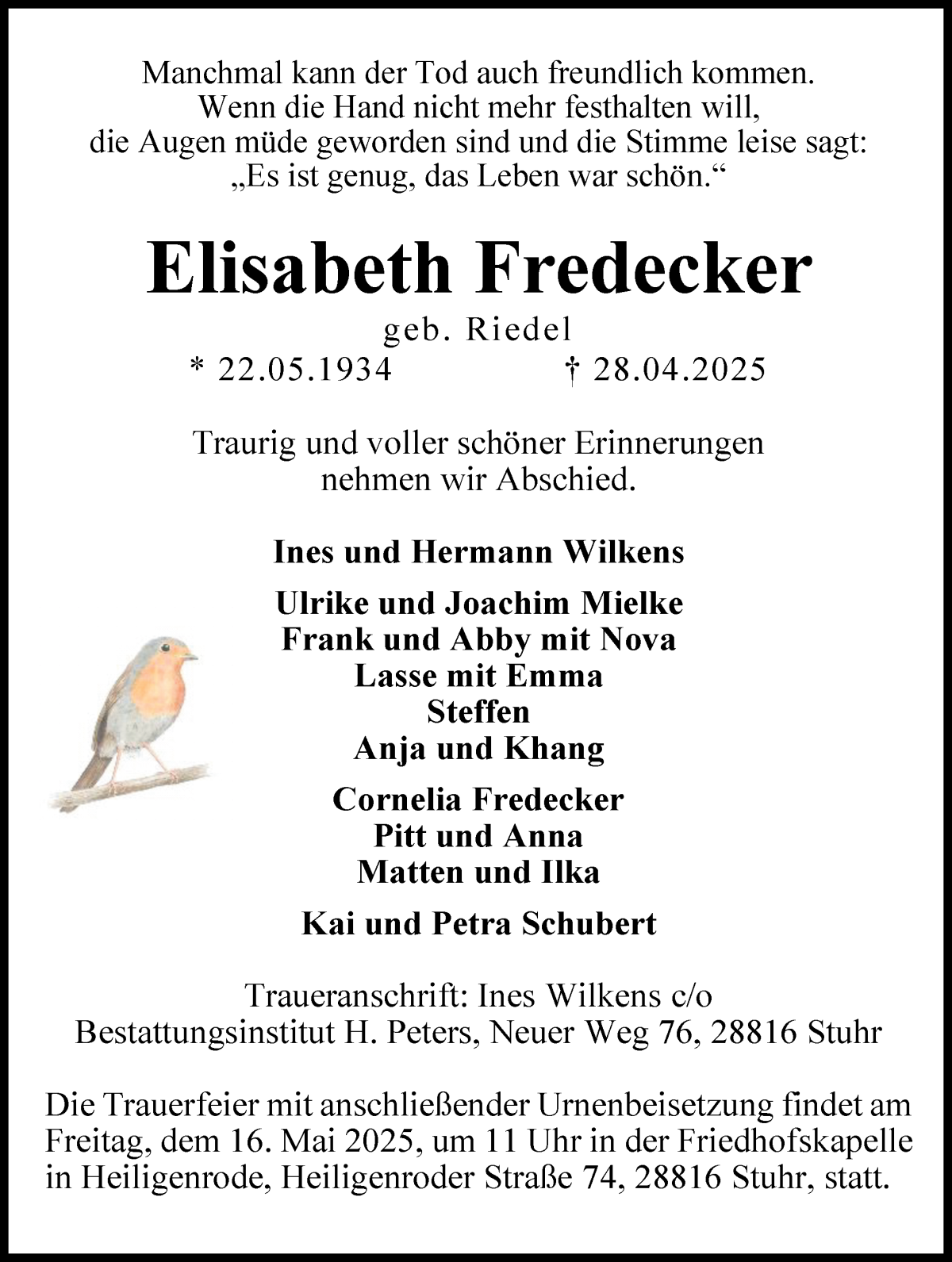 Traueranzeige von Elisabeth Fredecker von Regionale Rundschau/Syker Kurier