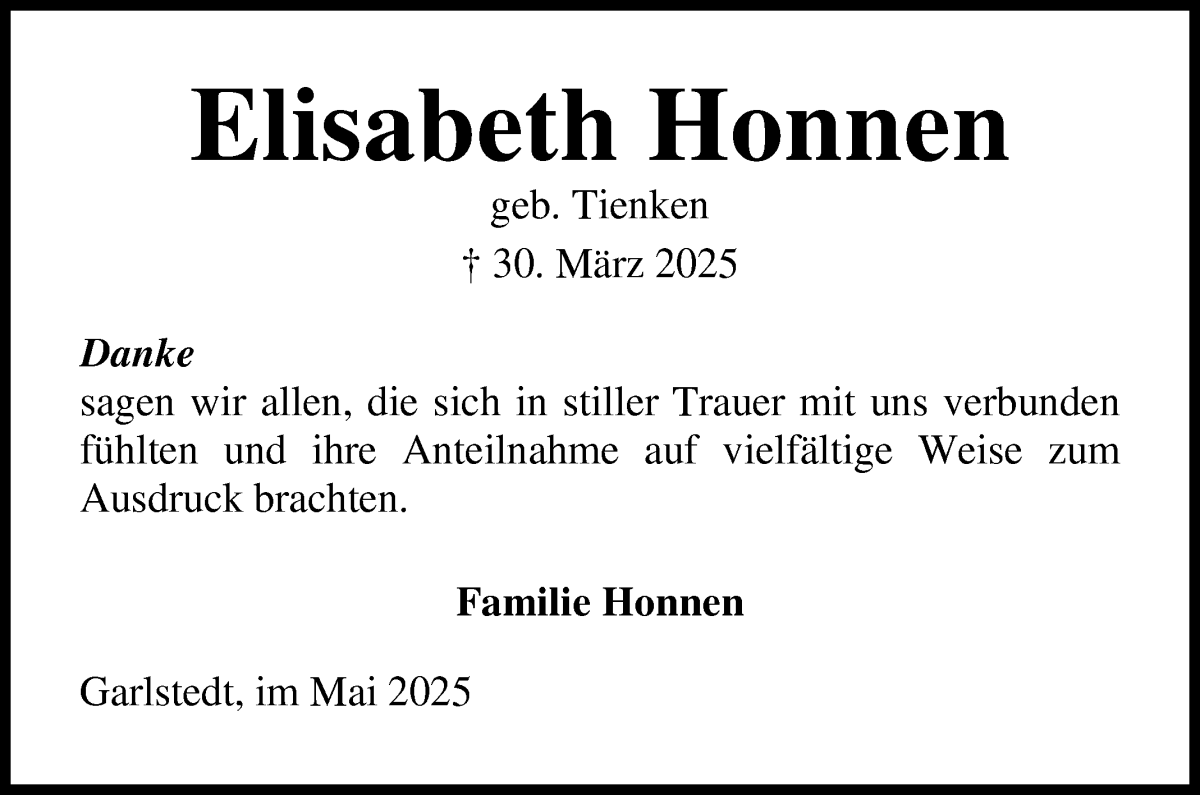 Traueranzeige von Elisabeth Honnen von Osterholzer Kreisblatt