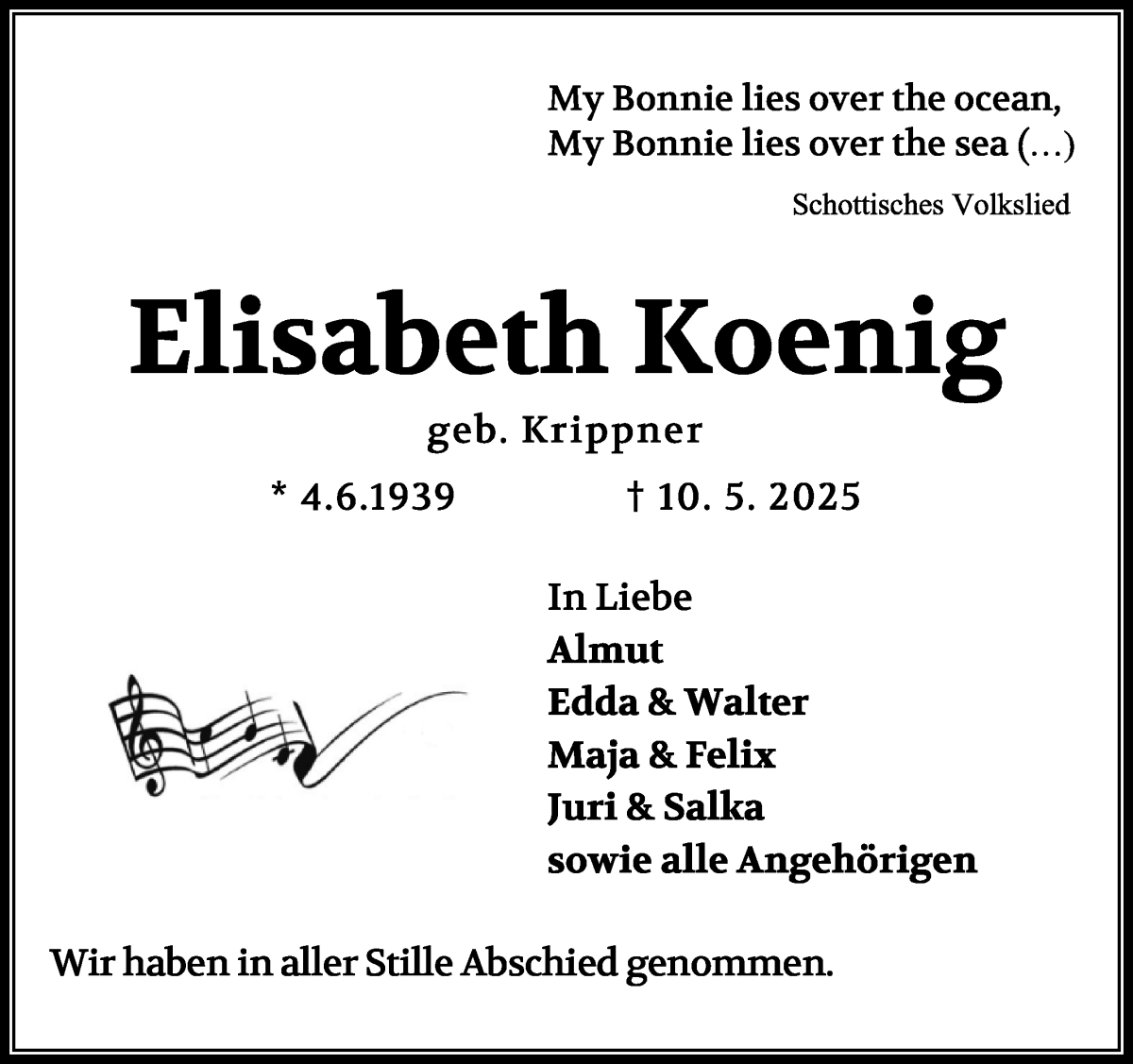 Traueranzeige von Elisabeth Koenig von WESER-KURIER