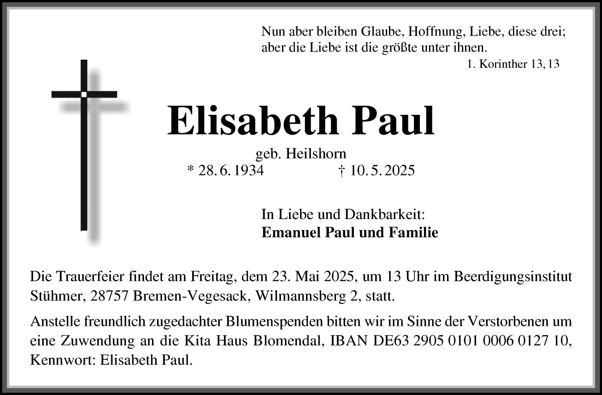 Traueranzeige von Elisabeth Paul von Die Norddeutsche