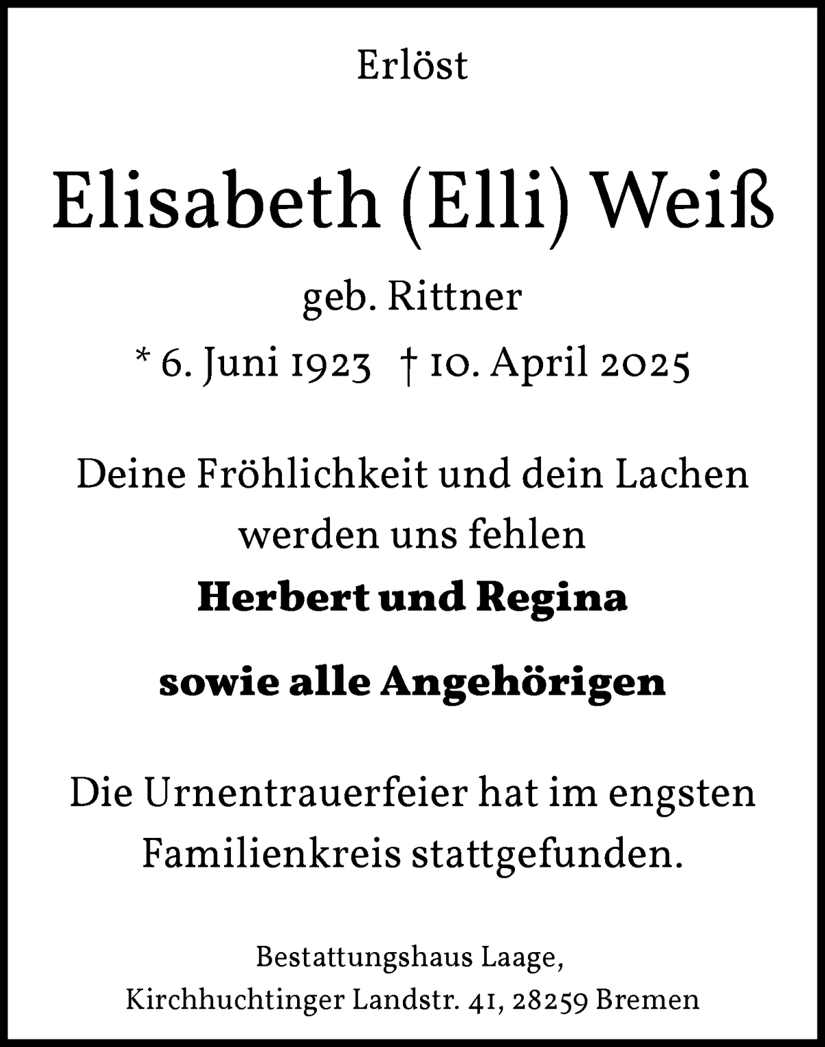 Traueranzeige von Elisabeth Weiß von WESER-KURIER