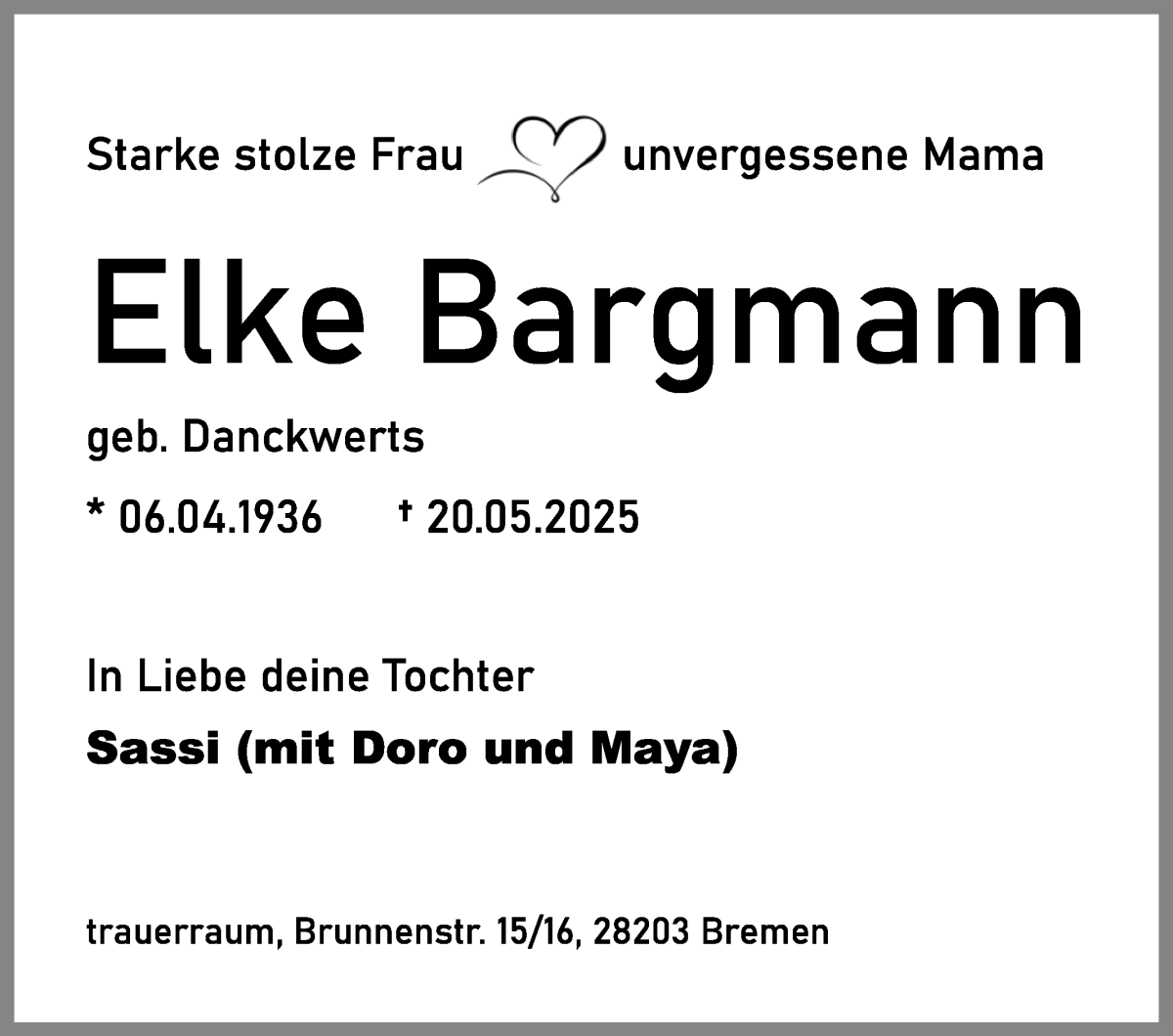 Traueranzeige von Elke Bargmann von WESER-KURIER