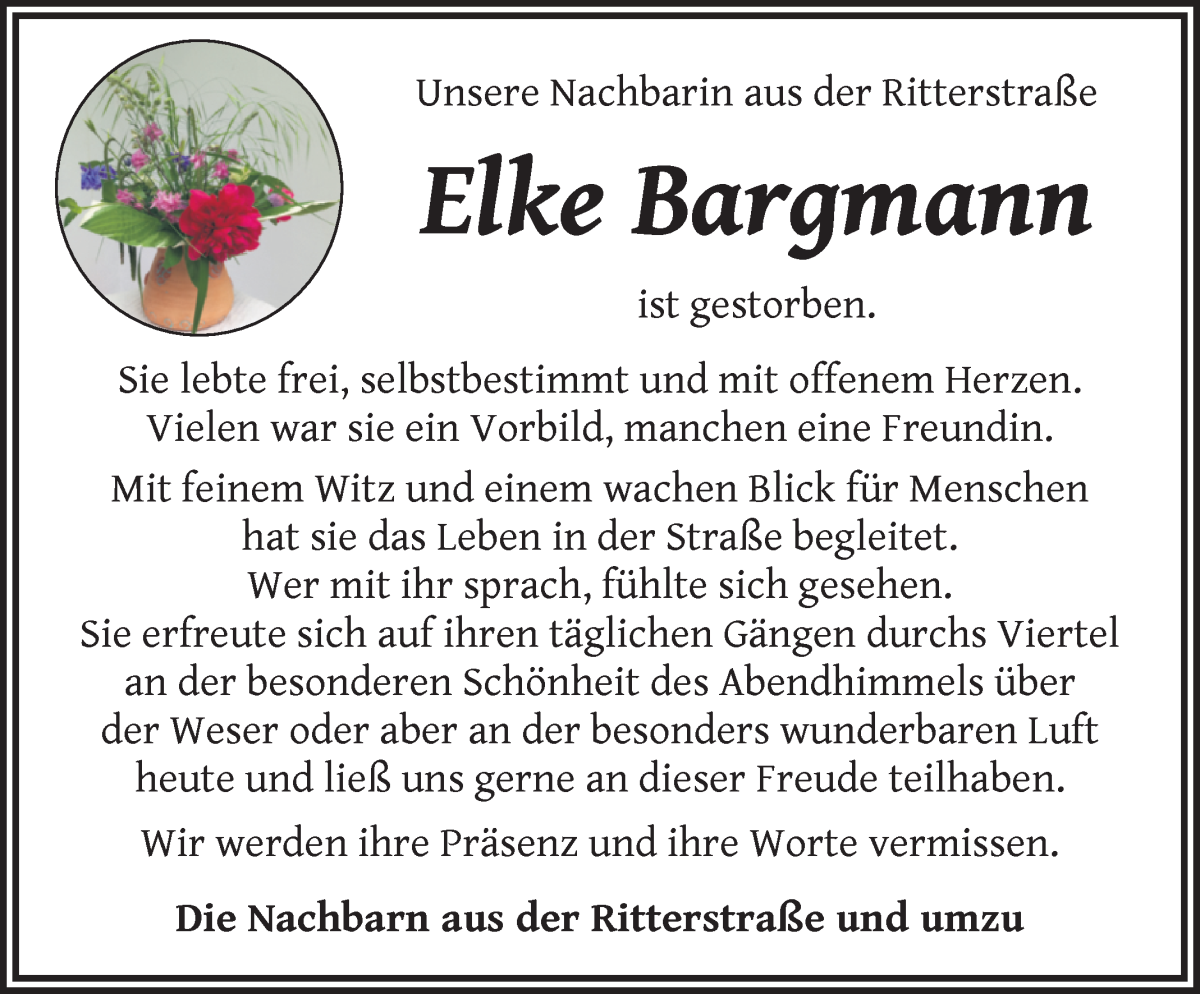 Traueranzeige von Elke Bargmann von WESER-KURIER