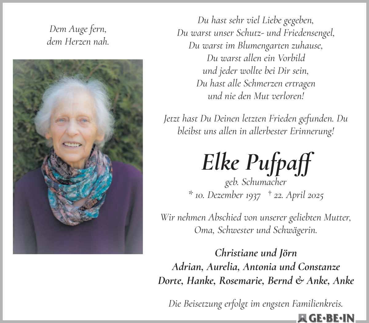 Traueranzeige von Elke Pufpaff von Die Norddeutsche