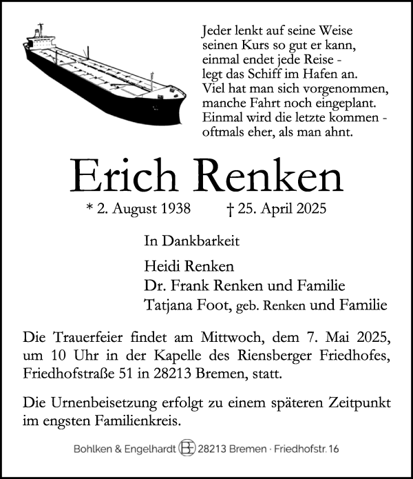 Traueranzeige von Erich Renken von WESER-KURIER