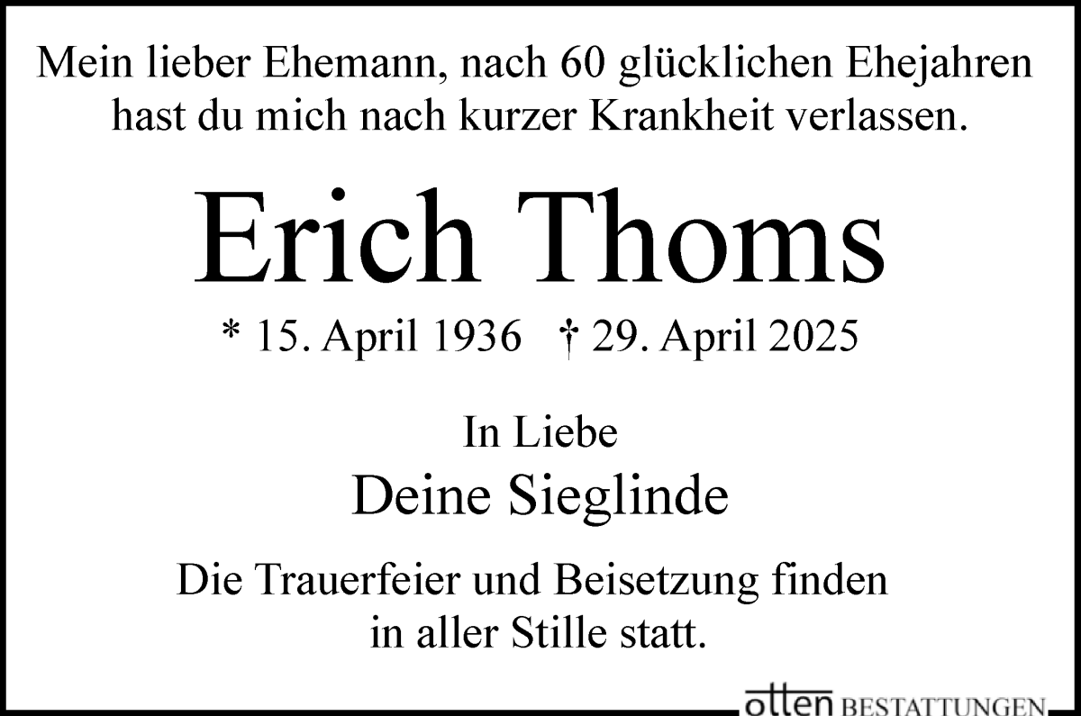 Traueranzeige von Erich Thoms von Osterholzer Kreisblatt