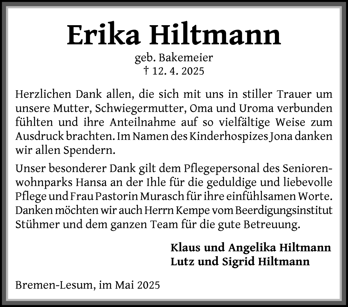 Traueranzeige von Erika Hiltmann von Die Norddeutsche