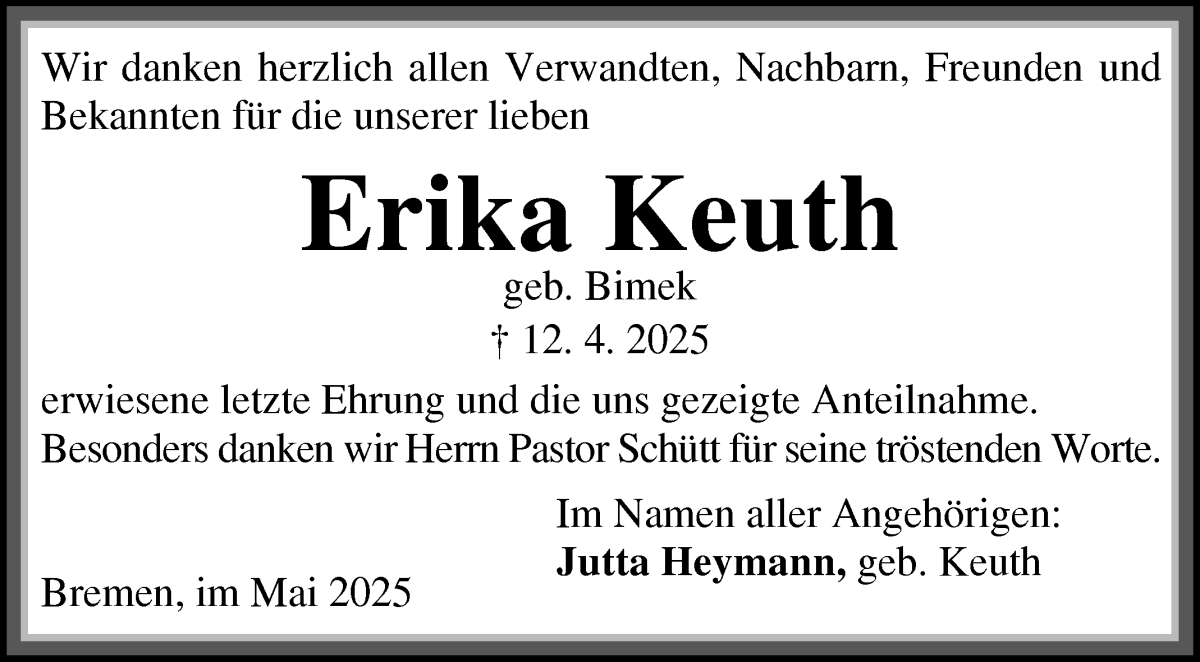Traueranzeige von Erika Keuth von Die Norddeutsche