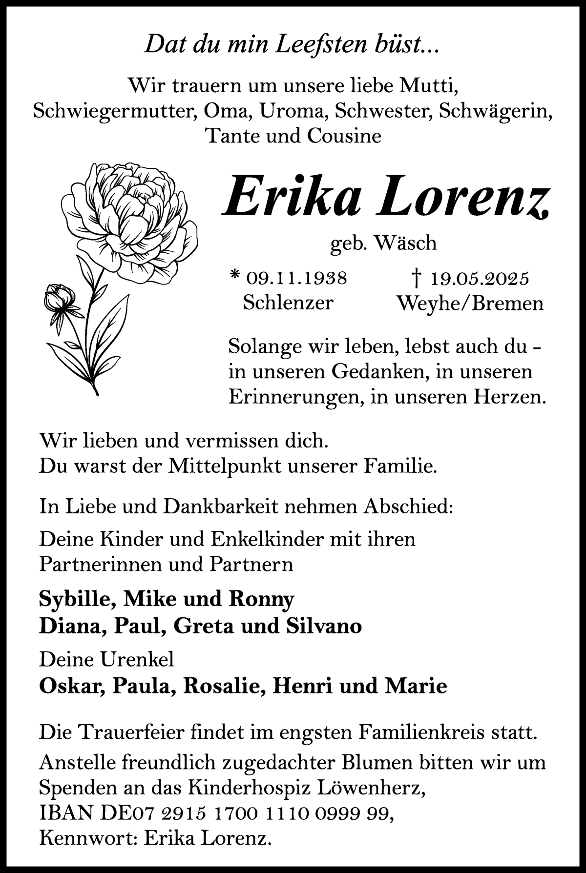 Traueranzeige von Erika Lorenz von WESER-KURIER