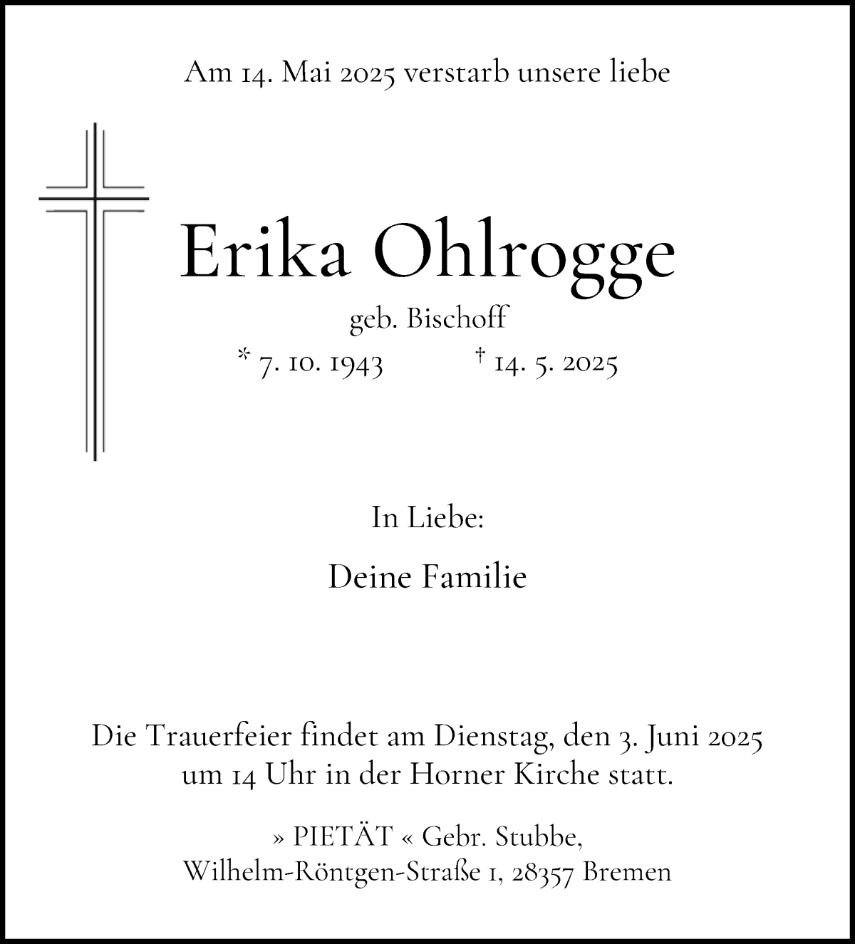 Traueranzeige von Erika Ohlrogge von WESER-KURIER
