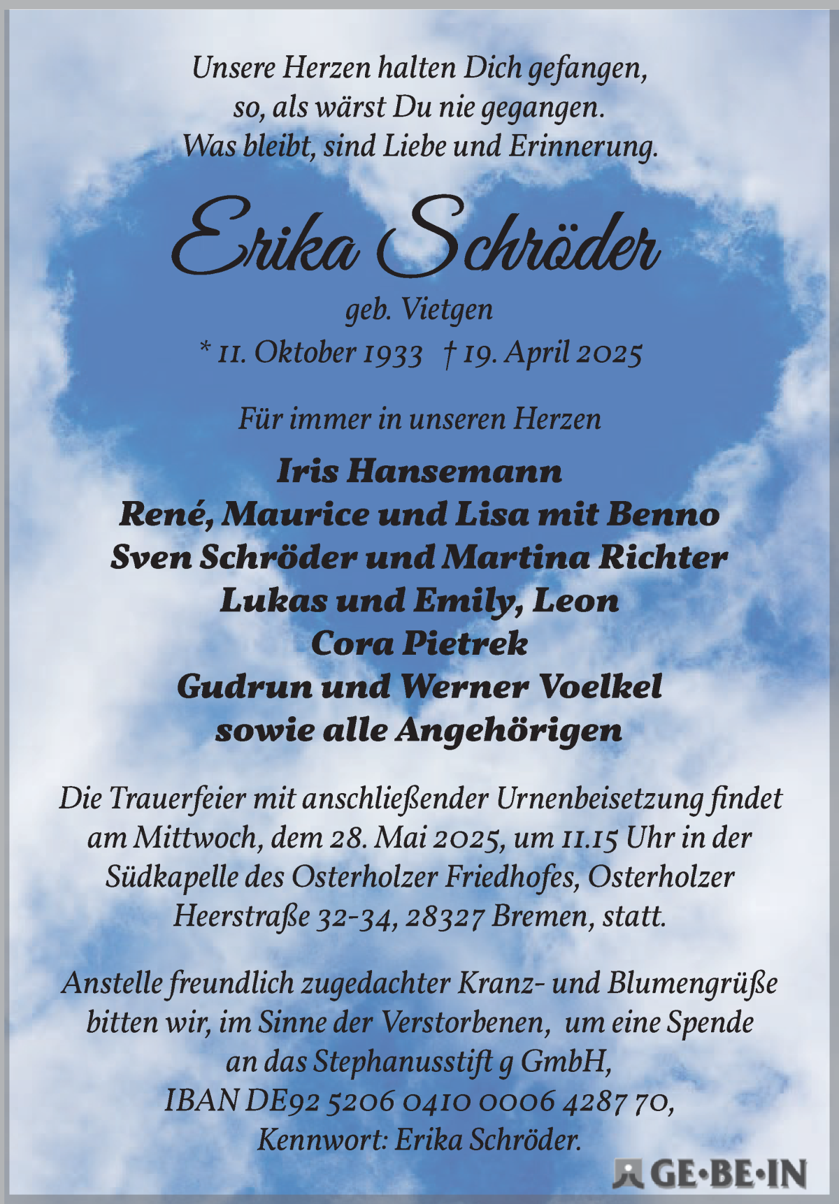 Traueranzeige von Erika Schröder von WESER-KURIER