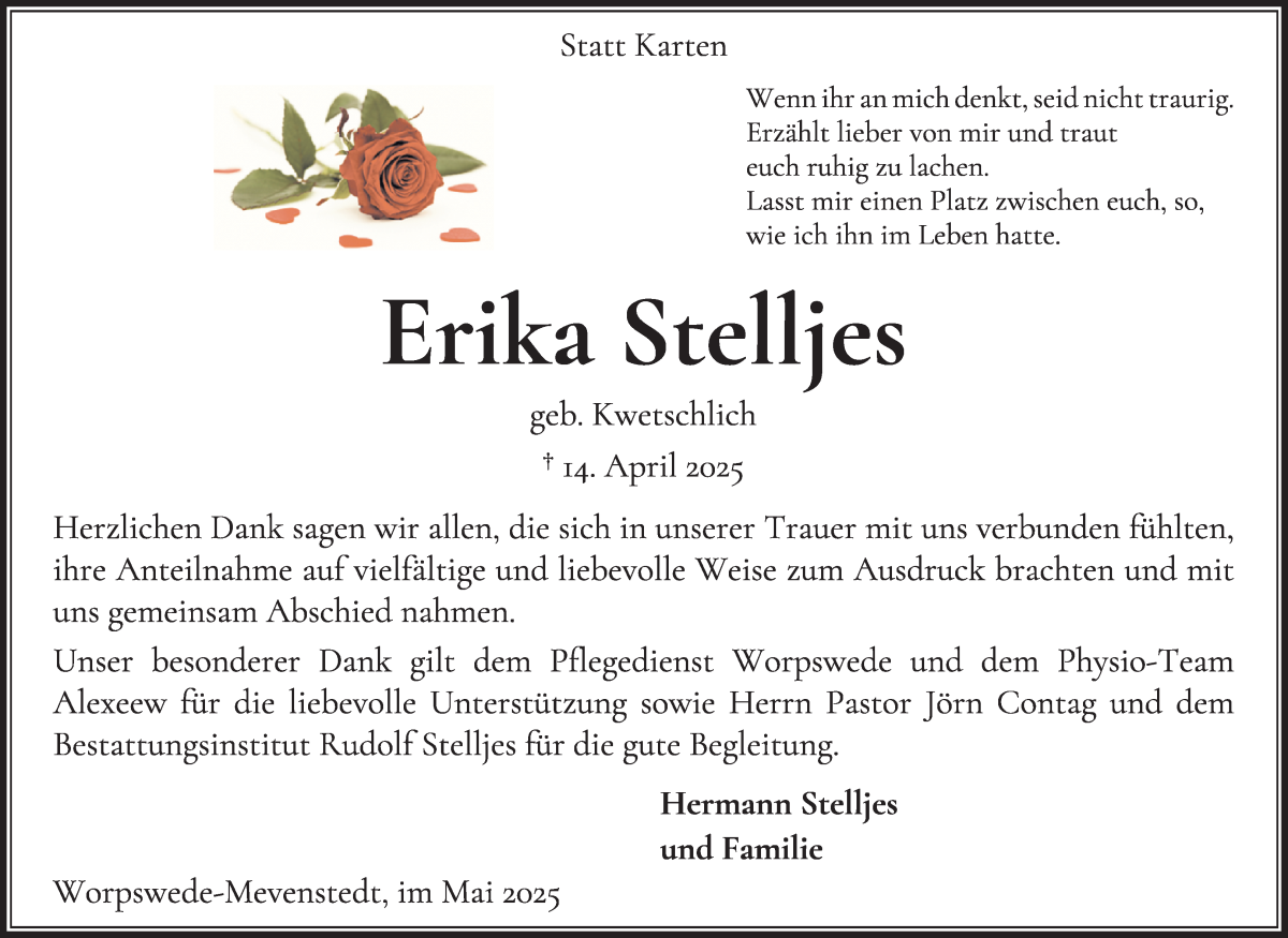 Traueranzeige von Erika Stelljes von Wuemme Zeitung