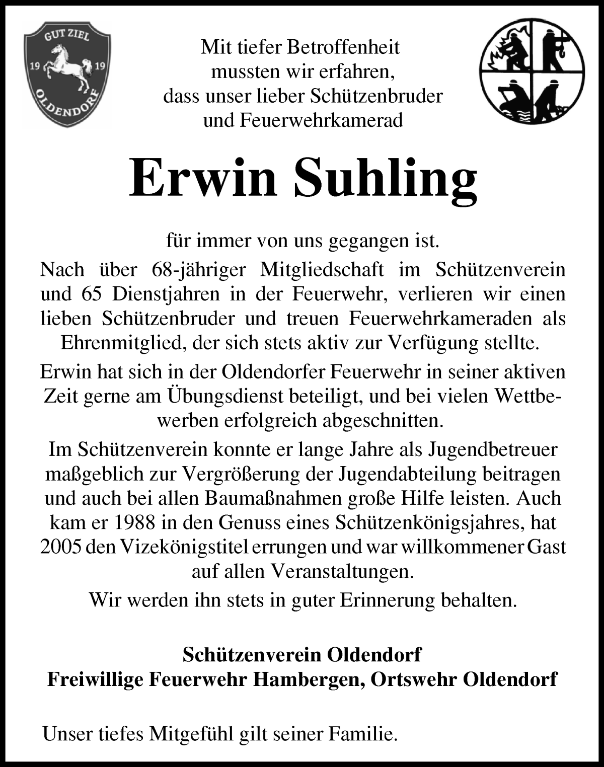 Traueranzeige von Erwin Suhling von Osterholzer Kreisblatt