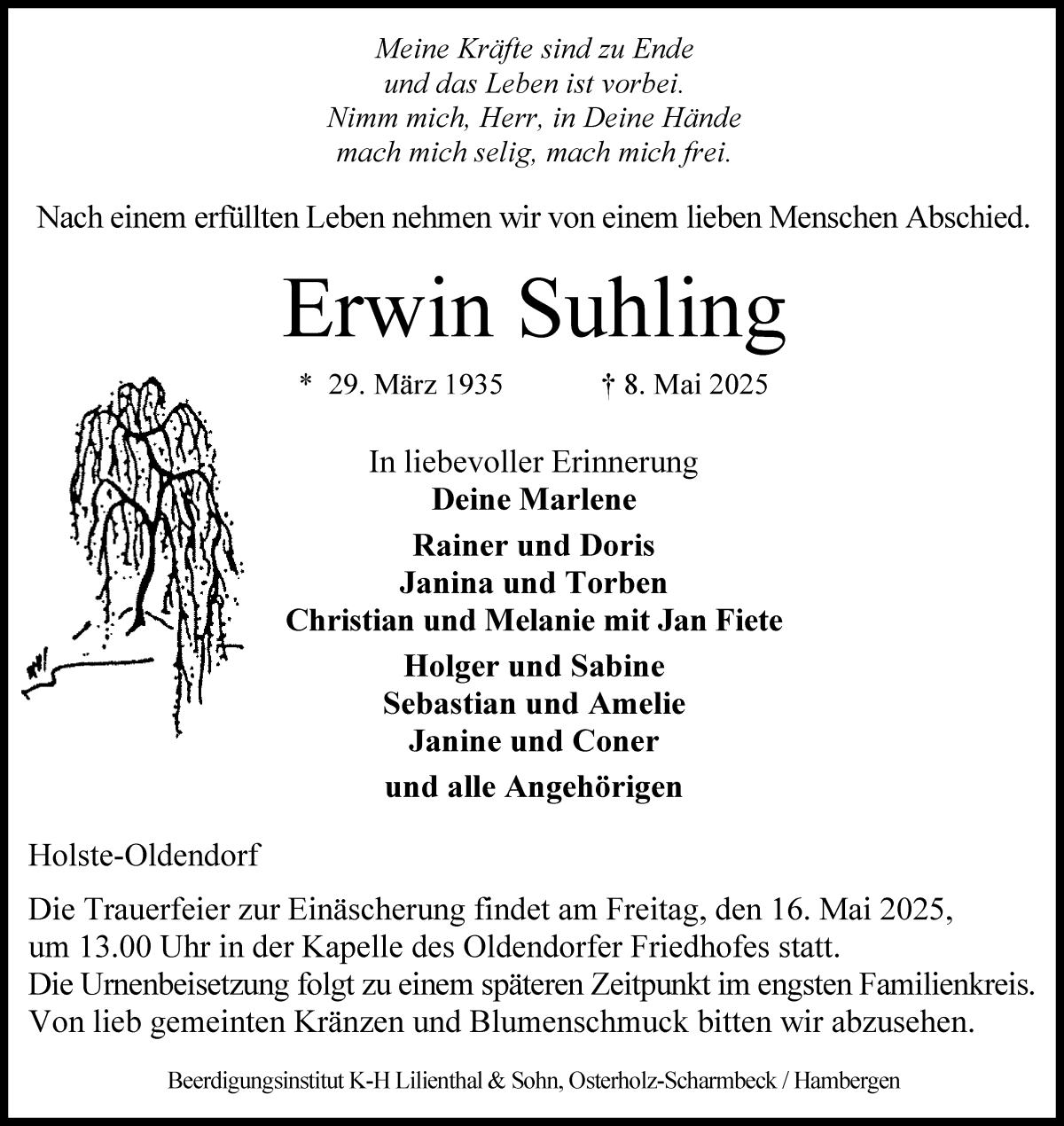 Traueranzeige von Erwin Suhling von Osterholzer Kreisblatt