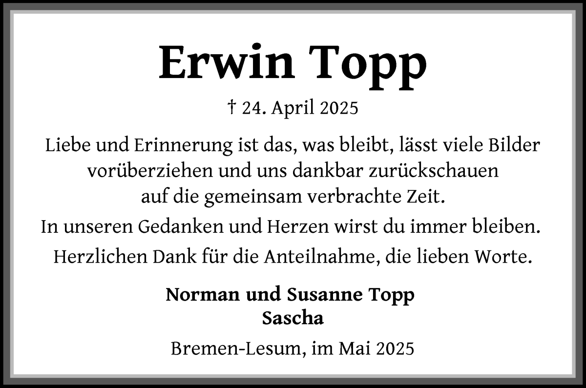 Traueranzeige von Erwin Topp von Die Norddeutsche