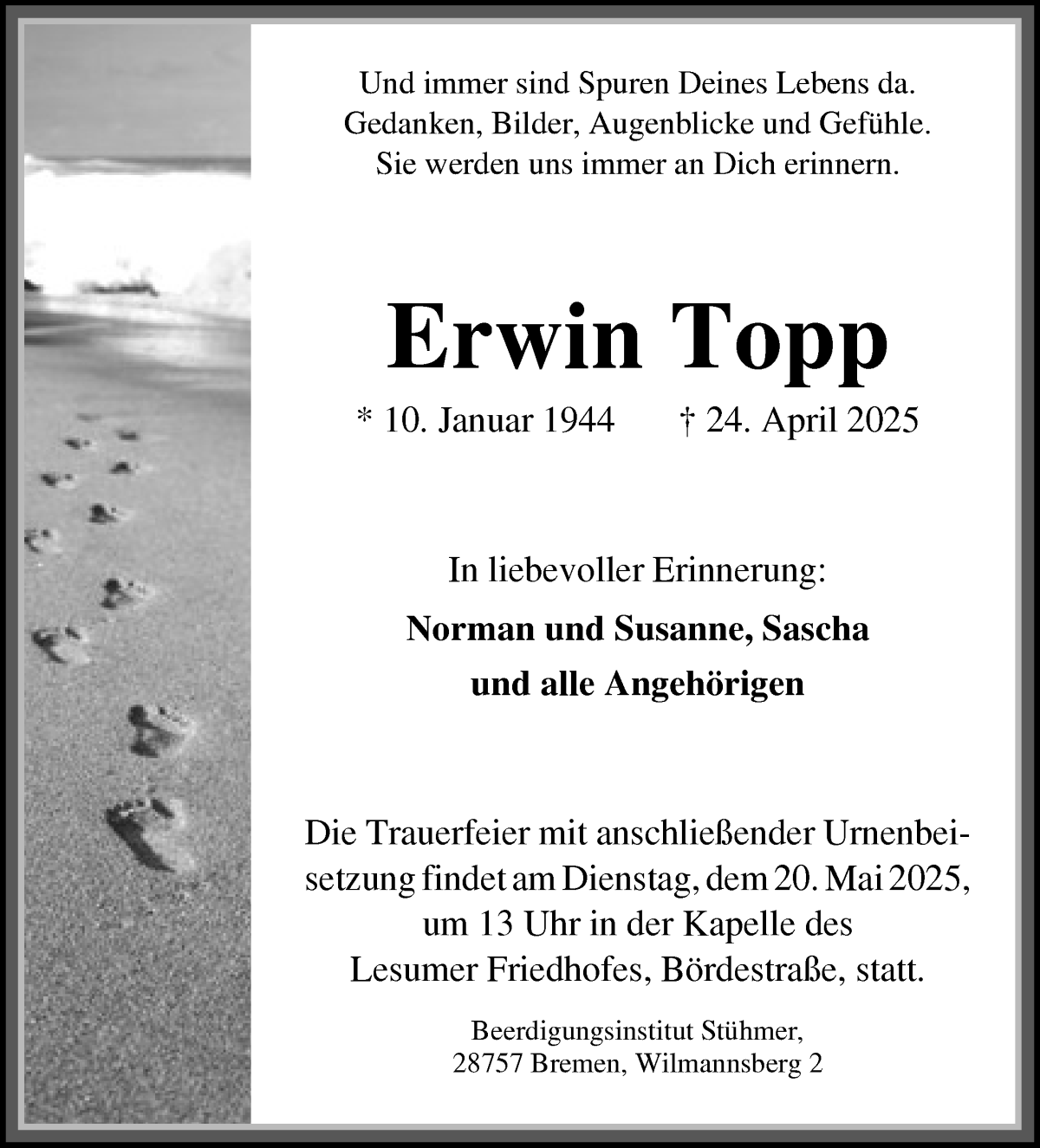 Traueranzeige von Erwin Topp von Die Norddeutsche