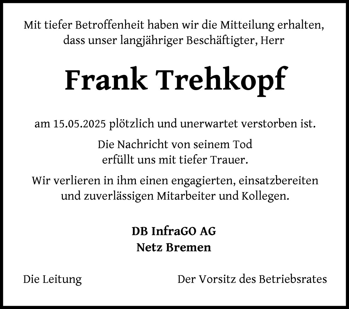 Traueranzeige von Frank Trehkopf von WESER-KURIER