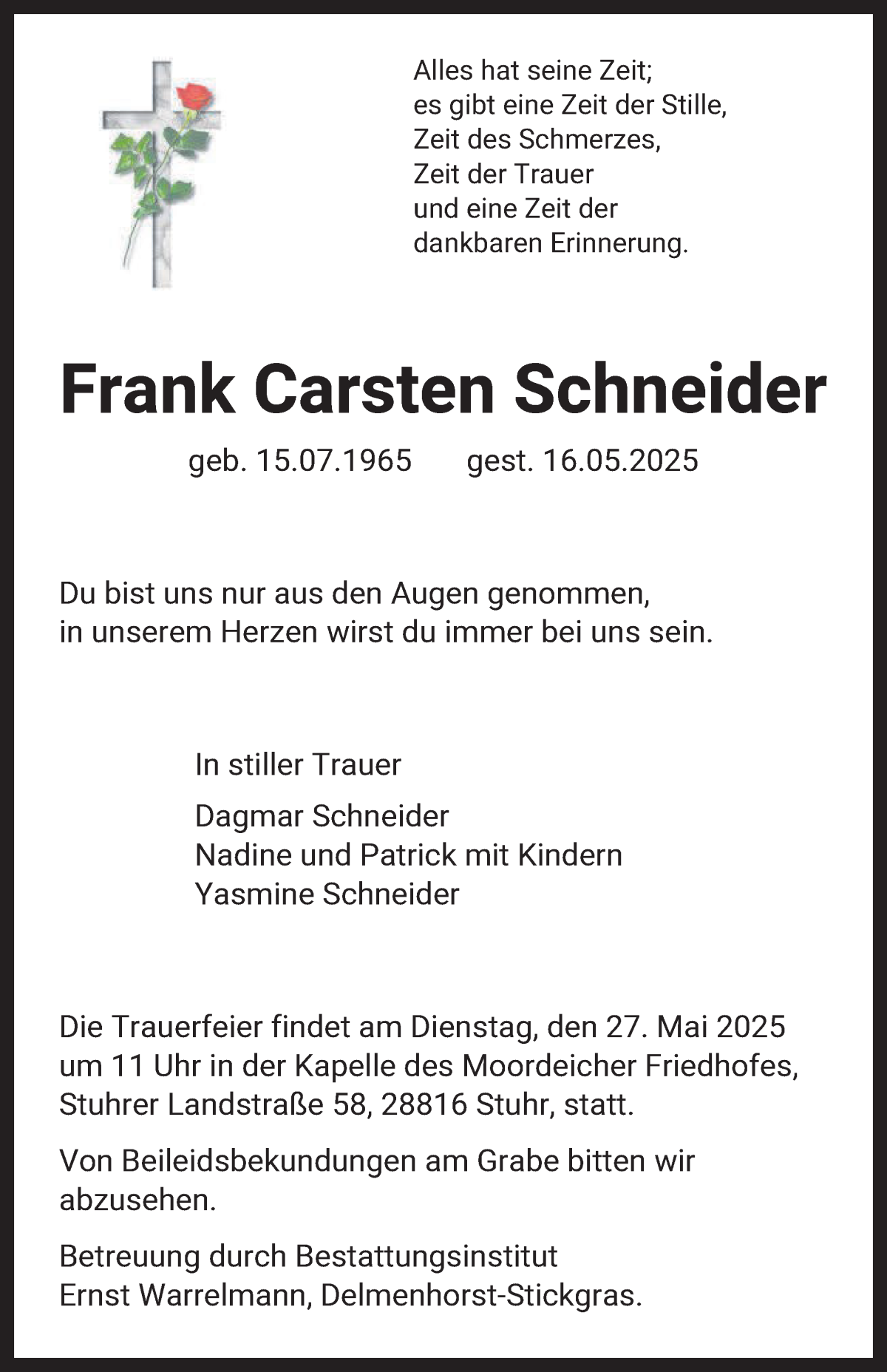 Traueranzeige von Frank Carsten Schneider von WESER-KURIER