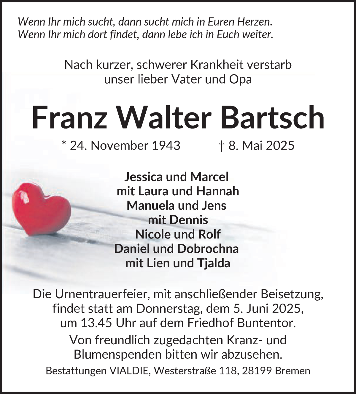 Traueranzeige von Franz Walter Bartsch von WESER-KURIER