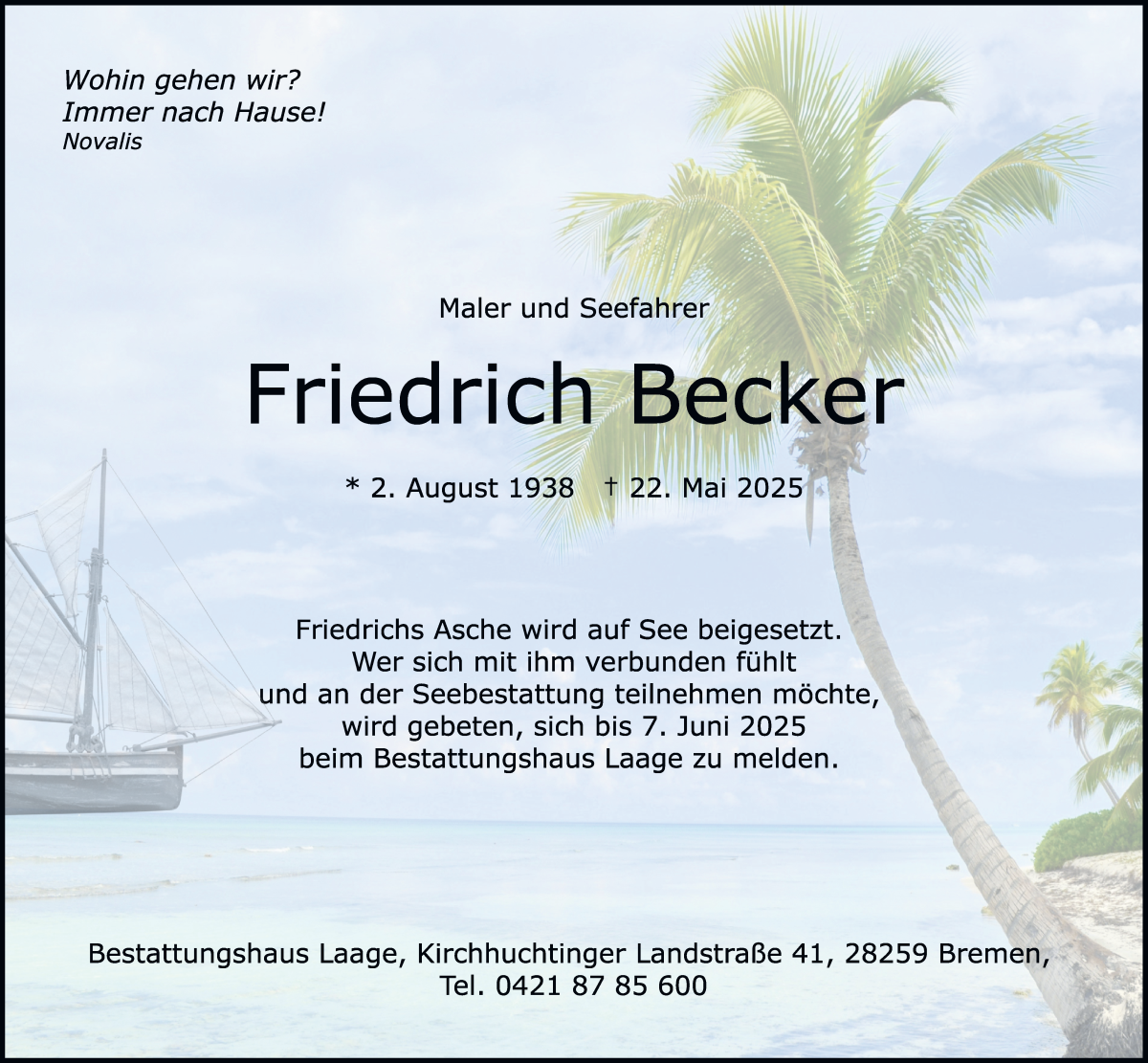 Traueranzeige von Friedrich Becker von WESER-KURIER