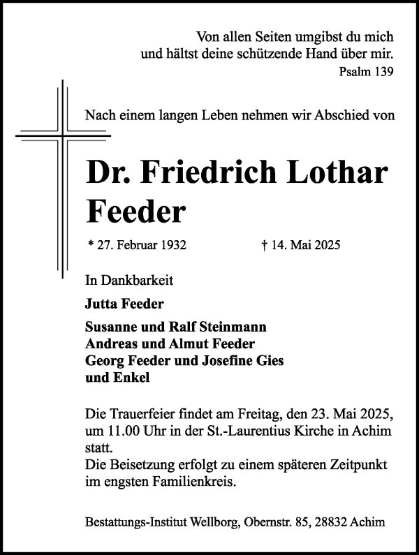 Traueranzeige von Friedrich Lothar Feeder von Achimer Kurier/Verdener Nachrichten