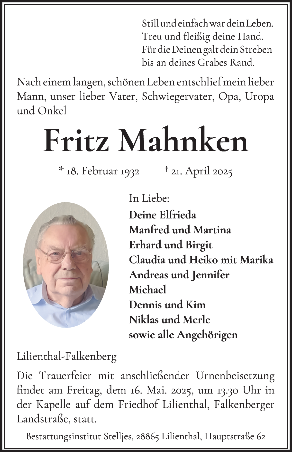 Traueranzeige von Fritz Mahnken von Wuemme Zeitung