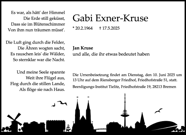 Traueranzeige von Gabi Exner-Kruse von WESER-KURIER