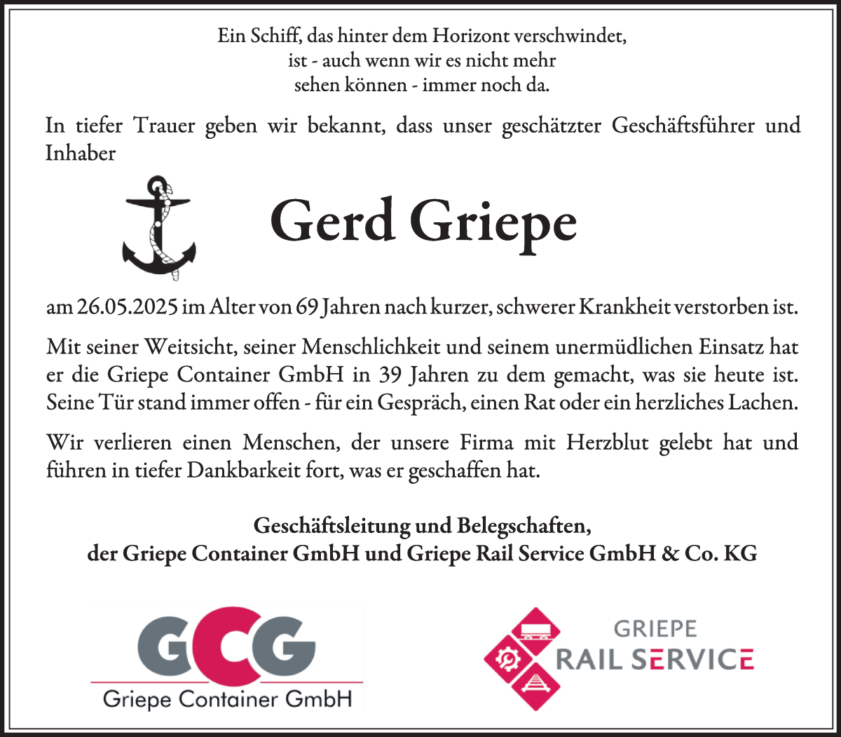 Traueranzeige von Gerd Griepe von WESER-KURIER